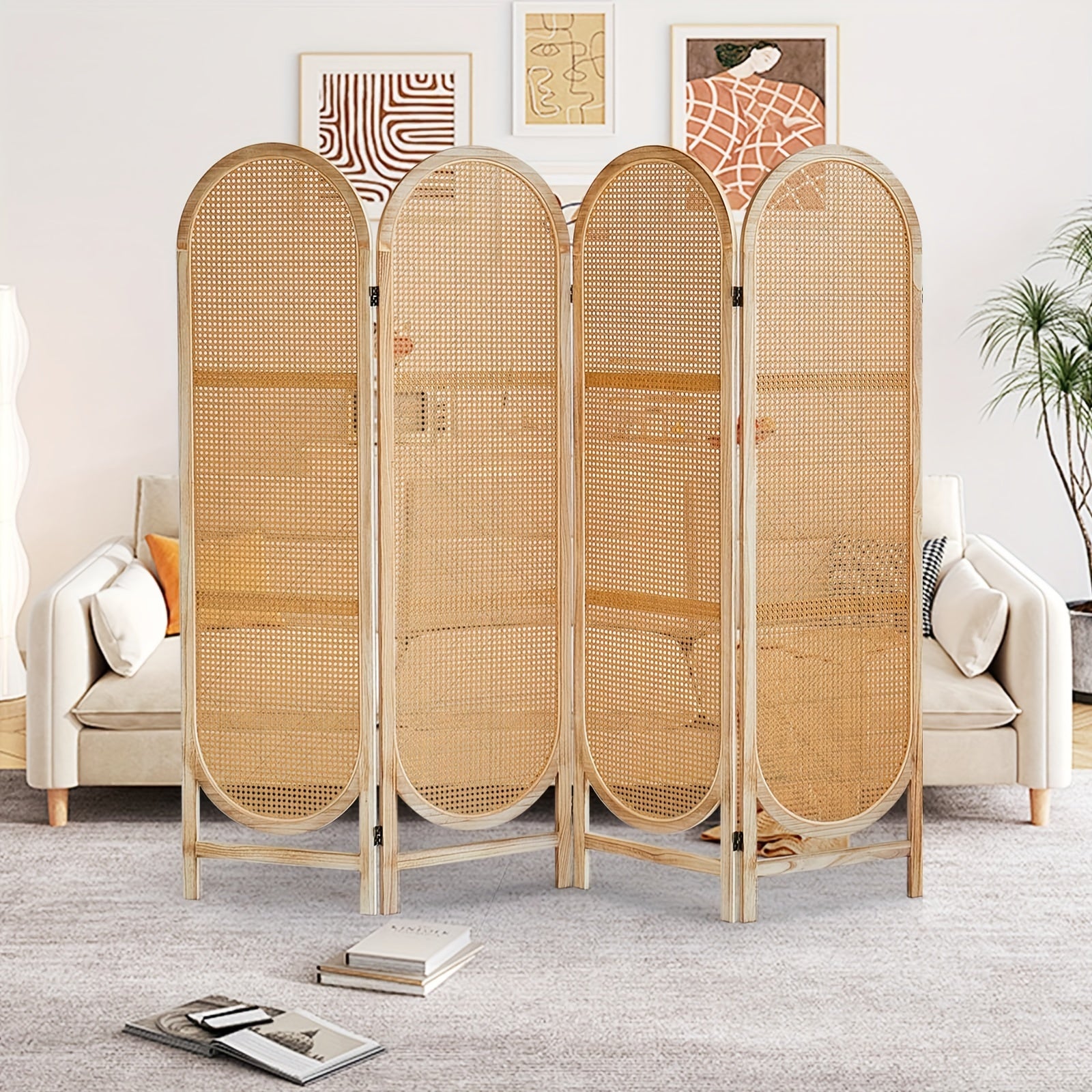 4 Panels Hand-Woven Rattan Room Dividers, Freestanding Room Partitions Screen for Home Office Bedroom, Black, Wood, Folding Privacy Screens