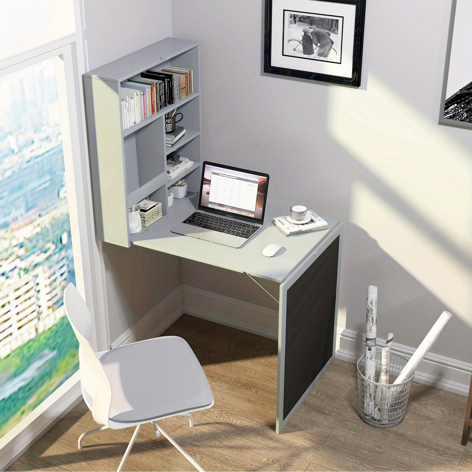 MULTIGOT Wall Mounted Table, Fold Out Convertible Desk with A Blackboard\u002FChalkboard, Multi-Function Computer Writing Floating Desk, Home Office Wood Wall Hanging Desk, Large Storage Space & Space-Saving, White\u002FGrey\u002FBlack\u002FBrown