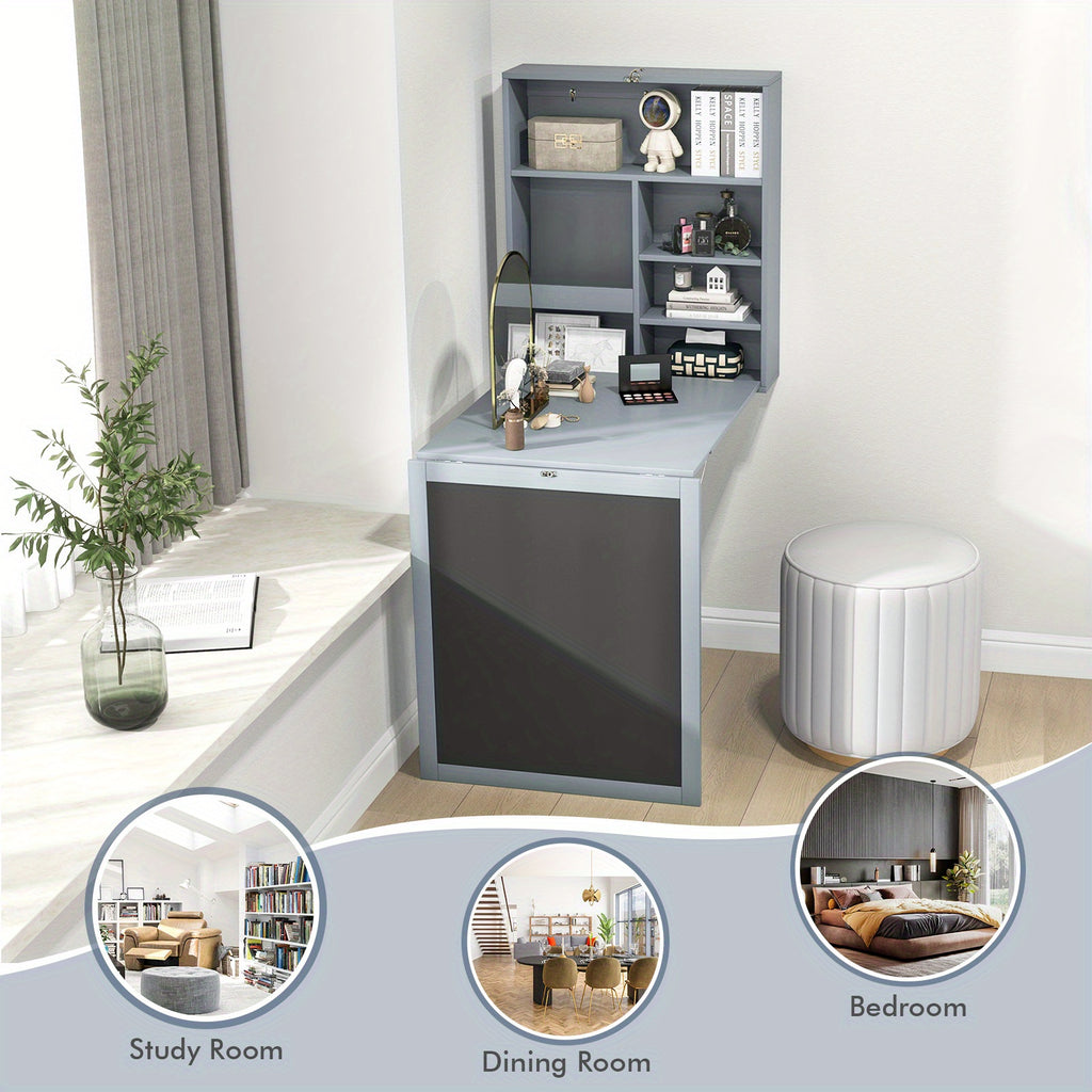 MULTIGOT Wall Mounted Table, Fold Out Convertible Desk with A Blackboard\u002FChalkboard, Multi-Function Computer Writing Floating Desk, Home Office Wood Wall Hanging Desk, Large Storage Space & Space-Saving, White\u002FGrey\u002FBlack\u002FBrown
