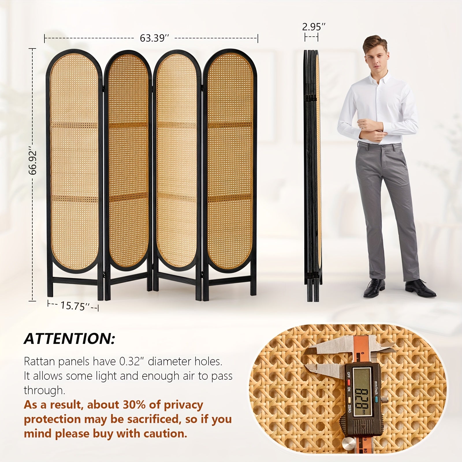 4 Panels Hand-Woven Rattan Room Dividers, Freestanding Room Partitions Screen for Home Office Bedroom, Black, Wood, Folding Privacy Screens