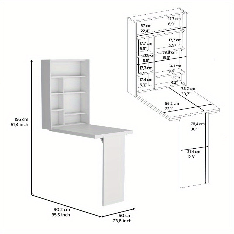 Wall-Mounted Foldable Table with Multiple Shelves - Space-Saving Modern Design, No Assembly Required, Durable Non-Wood Material, White - Ideal for Small Kitchens, Apartments & Contemporary Decor