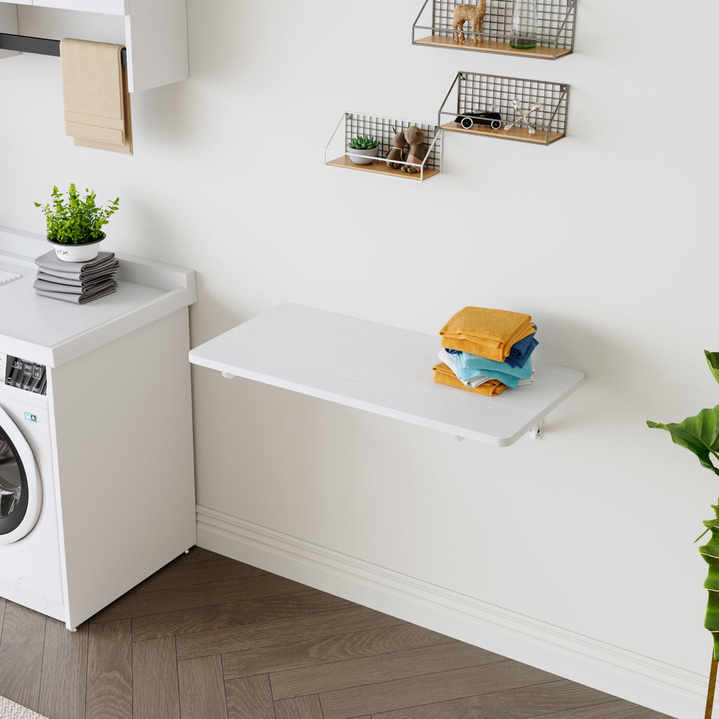 Wall-Mounted Foldable Desk for Laundry& Small Spaces, Floating Fold-Down Table for Kitchen, Bathroom, Bedroom- Compact, Space-Saving, White