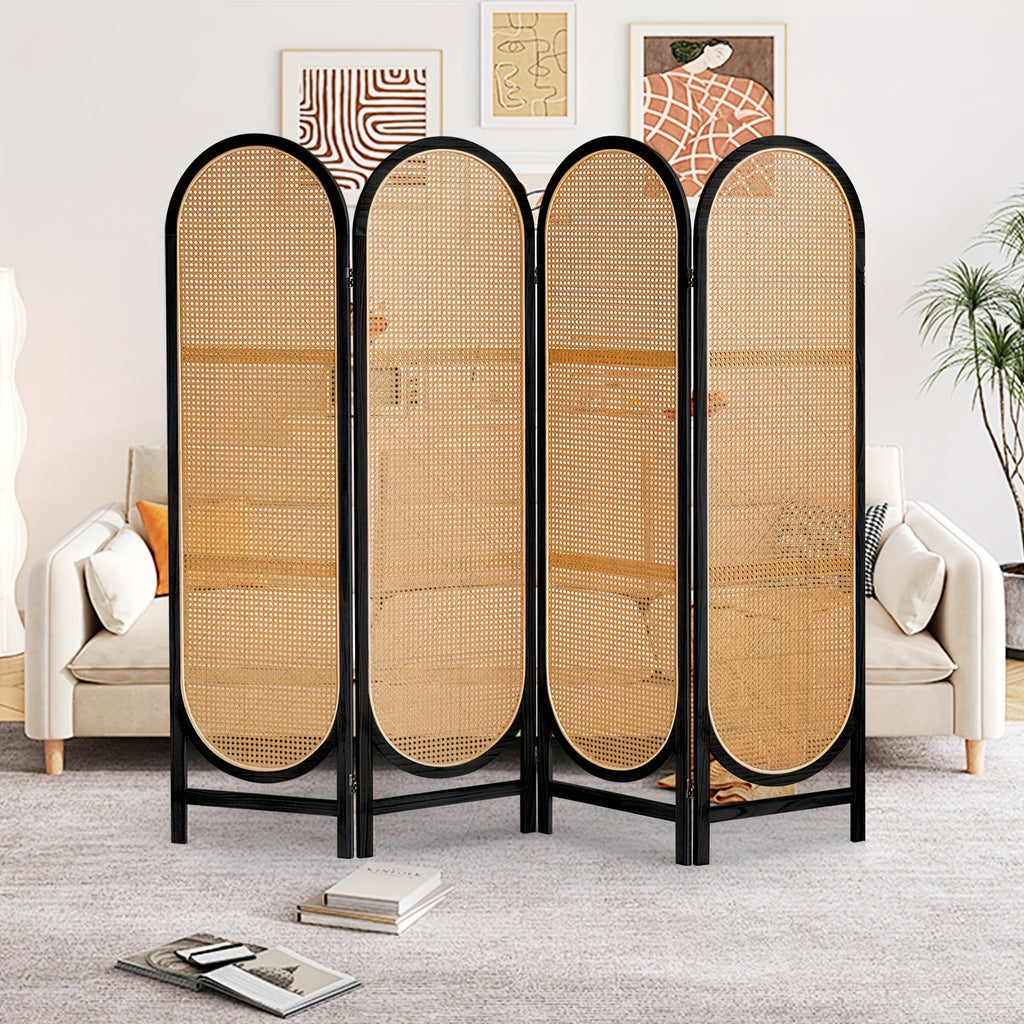 4 Panels Hand-Woven Rattan Room Dividers, Freestanding Room Partitions Screen for Home Office Bedroom, Black, Wood, Folding Privacy Screens