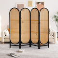 4 Panels Hand-Woven Rattan Room Dividers, Freestanding Room Partitions Screen for Home Office Bedroom, Black, Wood, Folding Privacy Screens