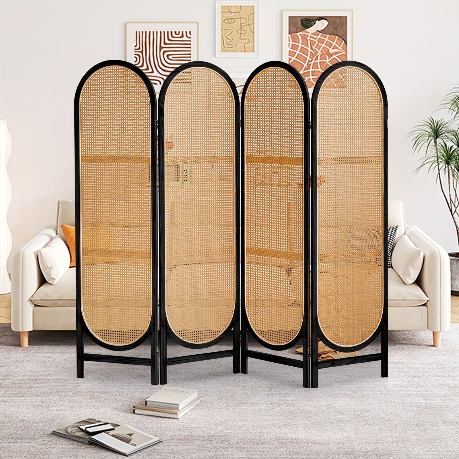 4 Panels Hand-Woven Rattan Room Dividers, Freestanding Room Partitions Screen for Home Office Bedroom, Black, Wood, Folding Privacy Screens