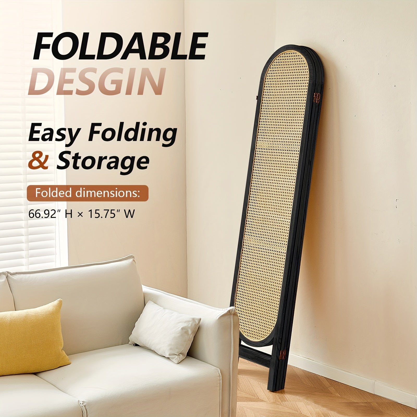 4 Panels Hand-Woven Rattan Room Dividers, Freestanding Room Partitions Screen for Home Office Bedroom, Black, Wood, Folding Privacy Screens