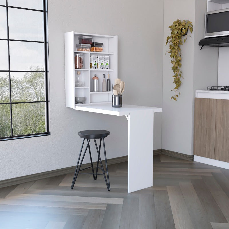 Wall-Mounted Foldable Table with Multiple Shelves - Space-Saving Modern Design, No Assembly Required, Durable Non-Wood Material, White - Ideal for Small Kitchens, Apartments & Contemporary Decor