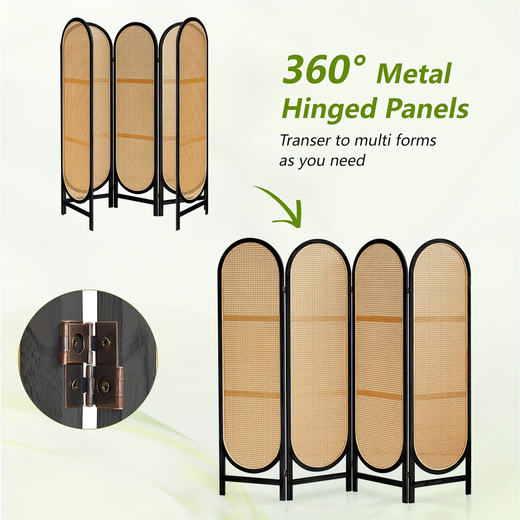 4 Panels Hand-Woven Rattan Room Dividers, Freestanding Room Partitions Screen for Home Office Bedroom, Black, Wood, Folding Privacy Screens