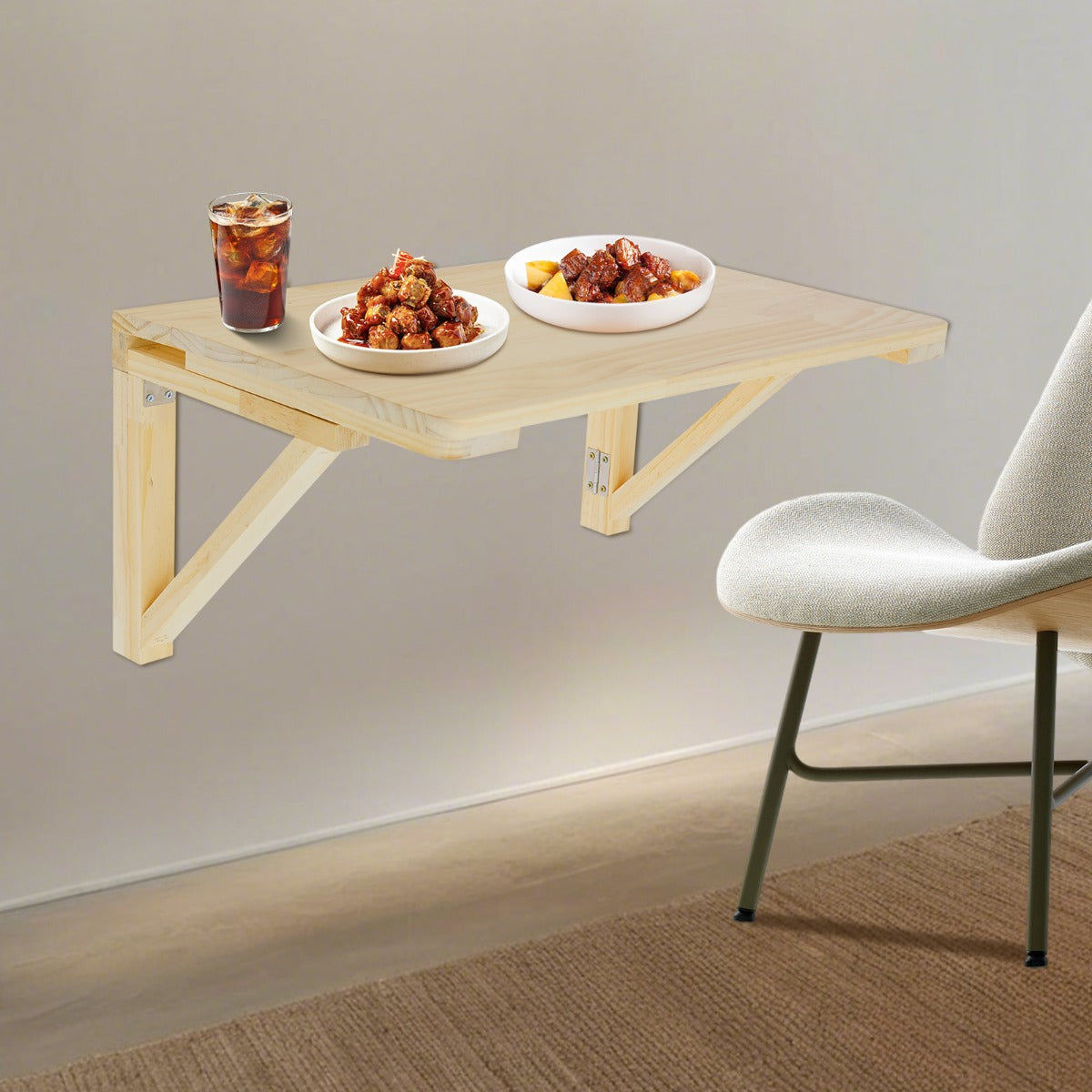 Large Wall-Mounted Folding Table with Triangular Tabletop - Space-Saving Foldable Design Suitable for Homes\u002FOffices\u002FStudies\u002FKitchens - Easy-Install Wood Color Table (Painted)