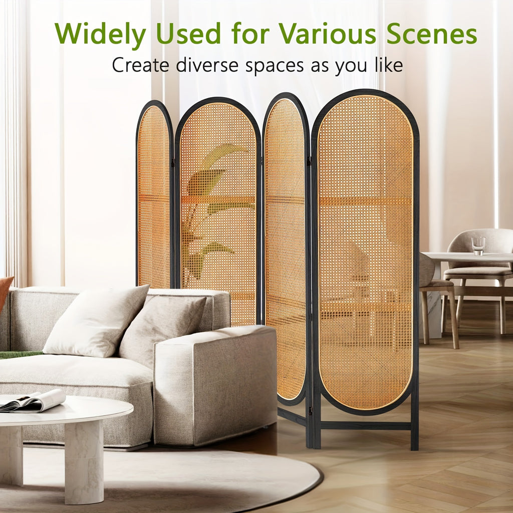 4 Panels Hand-Woven Rattan Room Dividers, Freestanding Room Partitions Screen for Home Office Bedroom, Black, Wood, Folding Privacy Screens