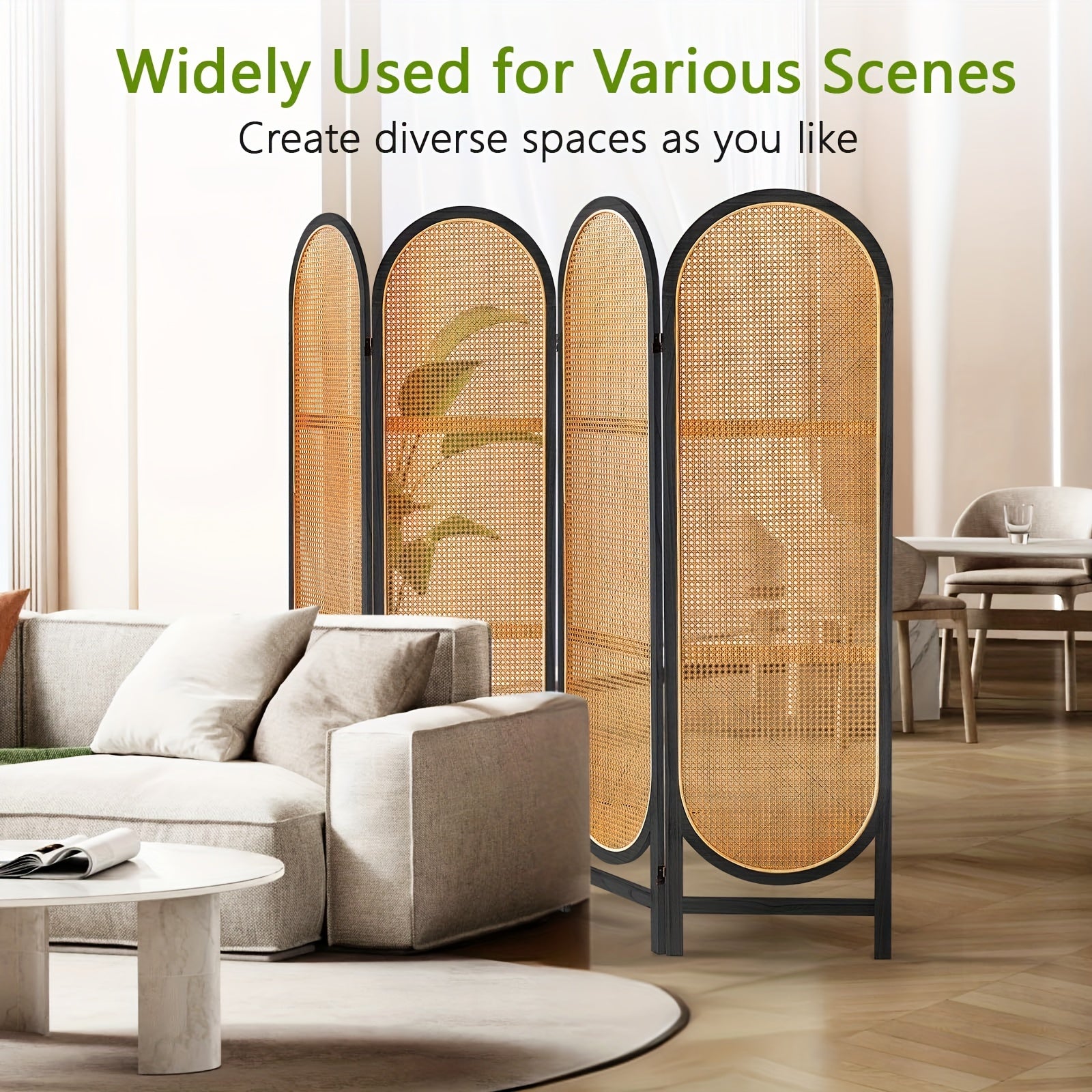 4 Panels Hand-Woven Rattan Room Dividers, Freestanding Room Partitions Screen for Home Office Bedroom, Black, Wood, Folding Privacy Screens