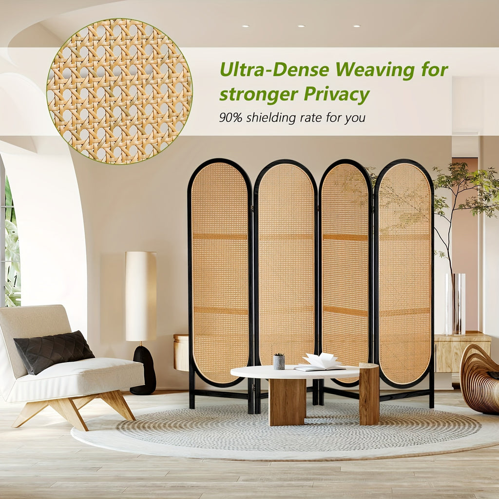 4 Panels Hand-Woven Rattan Room Dividers, Freestanding Room Partitions Screen for Home Office Bedroom, Black, Wood, Folding Privacy Screens