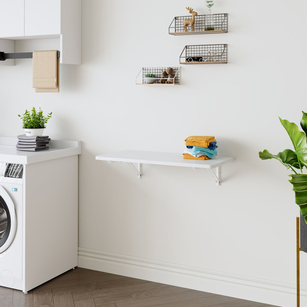 Wall-Mounted Foldable Desk for Laundry& Small Spaces, Floating Fold-Down Table for Kitchen, Bathroom, Bedroom- Compact, Space-Saving, White