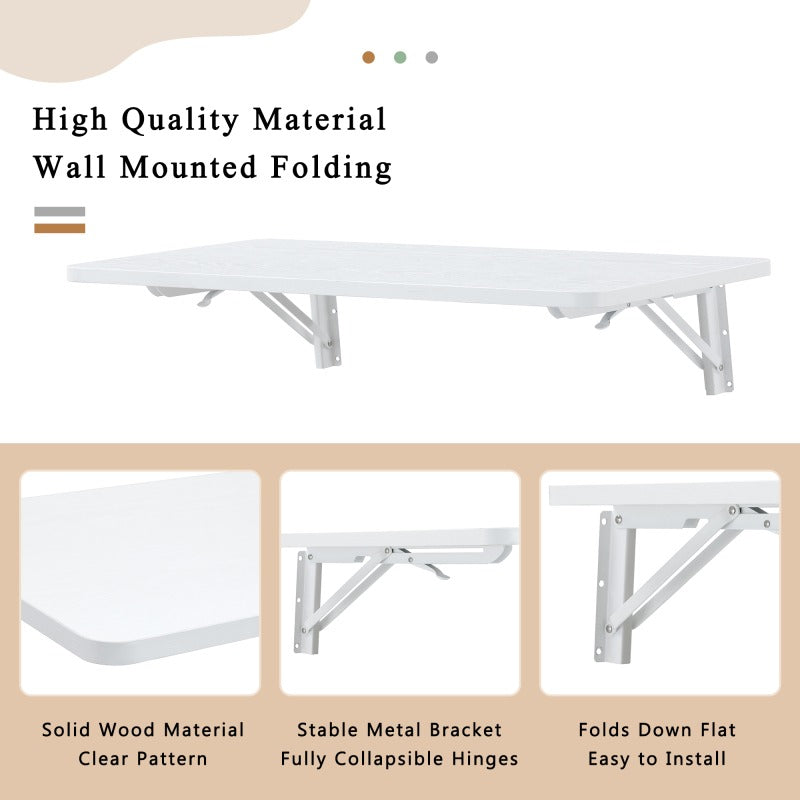 Wall Mounted Folding Table, Floating Desk for Laundry Room, Fold Down Table for Small Space, Foldable Wall Desk for Kitchen, Bathroom, Bedroom, White