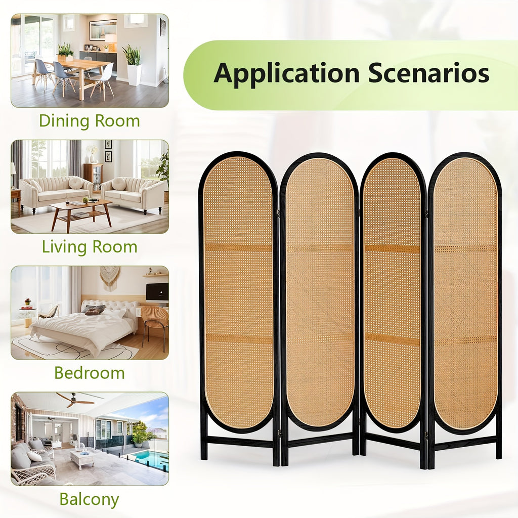 4 Panels Hand-Woven Rattan Room Dividers, Freestanding Room Partitions Screen for Home Office Bedroom, Black, Wood, Folding Privacy Screens