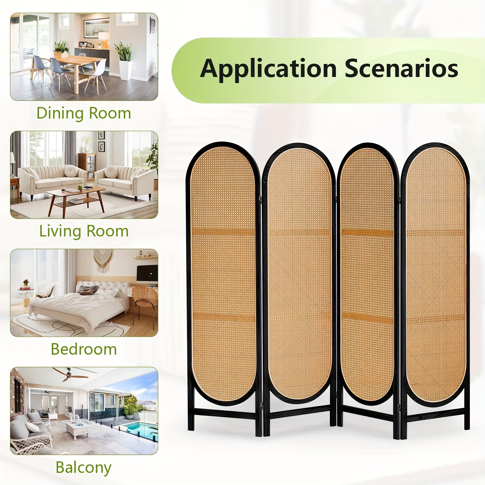 4 Panels Hand-Woven Rattan Room Dividers, Freestanding Room Partitions Screen for Home Office Bedroom, Black, Wood, Folding Privacy Screens