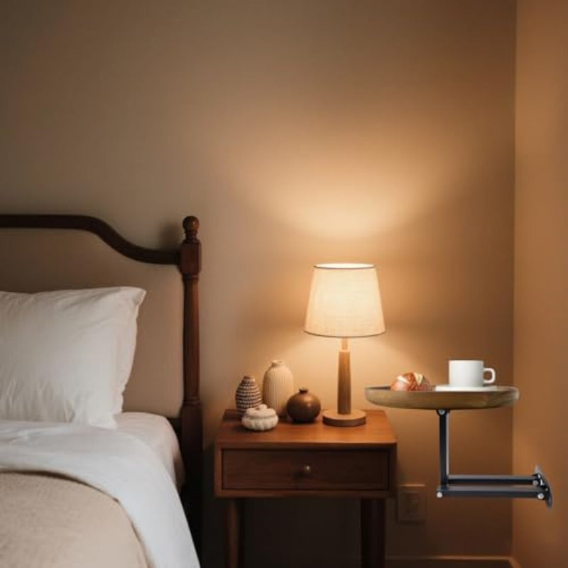 Compact Circular Side Table with a Foldable Bracket, Designed for Wall Mounting. This Telescopic And Adjustable Desk Support Is Ideal for a Floating Nightstand, Mini Coffee Table